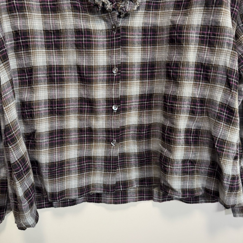 SUNDANCE Womens L Gray Purple Plaid Top Ruffle Raw Neckline Large - Picture 3 of 6